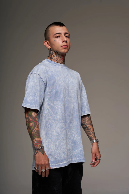 Camiseta Básica Oversize Acid Wash Celeste