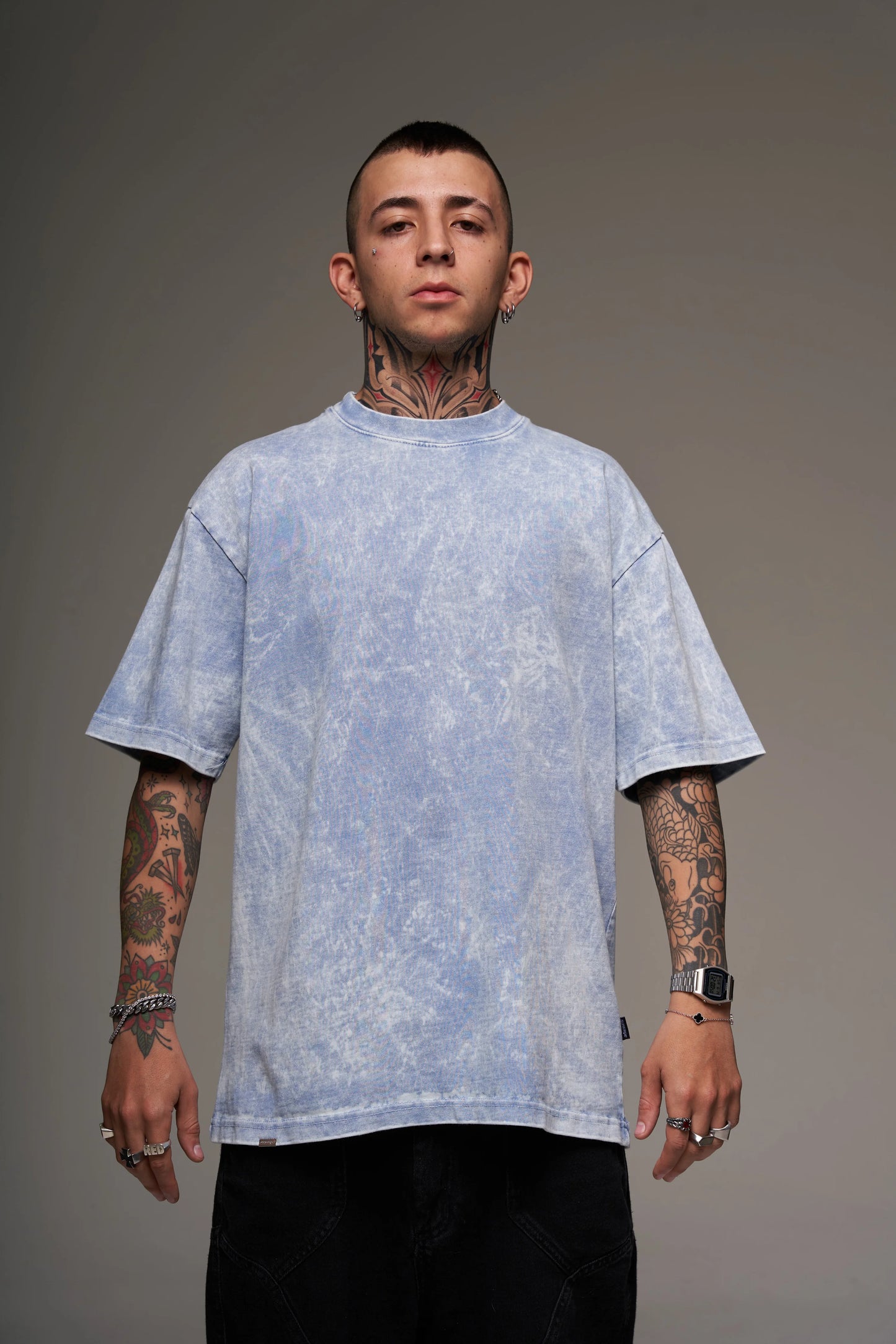 Camiseta Básica Oversize Acid Wash Celeste