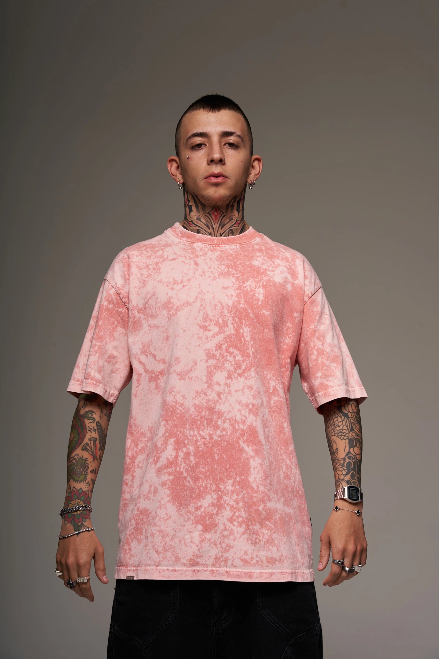 Camiseta Básica Oversize Acid Wash Rosa claro